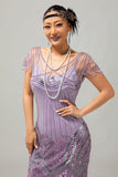 Sparkly Purple Sequins Gatsby Midi 1920s Dress with 5-Piece Accessories Set