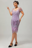 Sparkly Purple Sequins Gatsby Midi 1920s Dress with 5-Piece Accessories Set