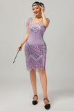 Sparkly Purple Beaded V Neck Midi Gatsby 1920s Dress with Sequins