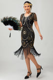 Sparkly Beaded Black Golden Fringed Bodycon Gatsby Midi 1920s Dress