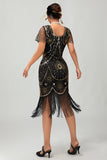 Sparkly Beaded Black Golden Fringed Bodycon Gatsby Midi 1920s Dress