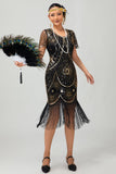 Sparkly Beaded Black Golden Fringed Bodycon Gatsby Midi 1920s Dress