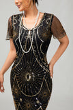 Sparkly Beaded Black Golden Fringed Bodycon Gatsby Midi 1920s Dress