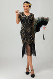 Sparkly Beaded Black Golden Fringed Bodycon Gatsby Midi 1920s Dress