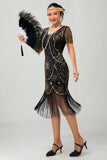 Sparkly Beaded Black Golden Fringed Bodycon Gatsby Midi 1920s Dress