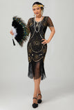Sparkly Beaded Black Golden Fringed Bodycon Gatsby Midi 1920s Dress