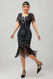 Sparkly Beaded Black Golden Fringed Bodycon Gatsby Midi 1920s Dress