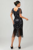 Sparkly Beaded Black Golden Fringed Bodycon Gatsby Midi 1920s Dress