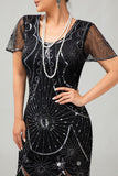 Sparkly Beaded Black Golden Fringed Bodycon Gatsby Midi 1920s Dress