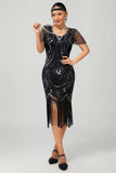 Sparkly Beaded Black Golden Fringed Bodycon Gatsby Midi 1920s Dress