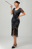 Sparkly Beaded Black Golden Fringed Bodycon Gatsby Midi 1920s Dress