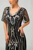 Sparkly Black Golden Sequins Bodycon 1920s Dress with 5-Piece Accessories Set