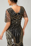 Sparkly Black Golden Sequins Bodycon Gatsby Midi 1920s Dress with Tassles