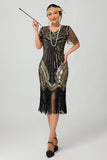 Sparkly Black Golden Sequins Bodycon Gatsby Midi 1920s Dress with Tassles