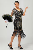 Sparkly Black Golden Sequins Bodycon 1920s Dress with 5-Piece Accessories Set