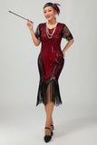 Sparkly Black Red Fringed Sequins Midi 1920s Dress with Accessories Set