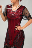 Sparkly Black Red Fringed Sequins Midi 1920s Dress with Accessories Set