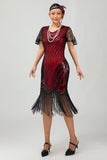 Sparkly Black Red Bodycon Fringed Sequins Gatsby Midi 1920s Dress