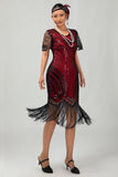 Sparkly Black Red Bodycon Fringed Sequins Gatsby Midi 1920s Dress