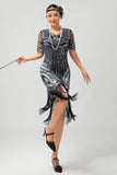 Sparkly Black Silver Sequins Bodycon Gatsby Midi 1920s Dress with Tassels