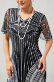 Sparkly Black Silver Sequins Fringed Midi 1920s Dress with 5-Piece Accessories Set