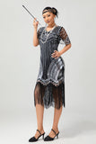 Sparkly Black Silver Sequins Fringed Midi 1920s Dress with 5-Piece Accessories Set
