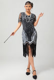 Sparkly Black Silver Sequins Fringed Midi 1920s Dress with 5-Piece Accessories Set