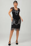 Sparkly Black Silver Gatsby Bodycon Sequins Midi 1920s Dress