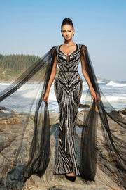 Sparkly Black Mermaid Sequin Cape Sleeve Long Formal Dress