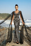 Sparkly Black Mermaid Sequin Cape Sleeve Long Formal Dress