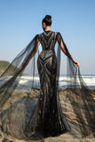 Sparkly Black Mermaid Sequin Cape Sleeve Long Formal Dress