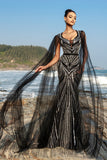 Sparkly Black Mermaid Sequin Cape Sleeve Long Formal Dress