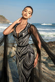 Sparkly Black Mermaid Sequin Cape Sleeve Long Formal Dress