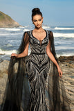 Sparkly Black Mermaid Sequin Cape Sleeve Long Formal Dress