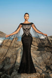 Sparkly Cape Sleeve Black Sequin Mermaid Long Formal Dress