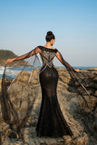 Sparkly Cape Sleeve Black Sequin Mermaid Long Formal Dress