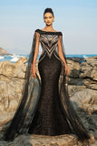 Sparkly Cape Sleeve Black Sequin Mermaid Long Formal Dress