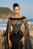 Sparkly Cape Sleeve Black Sequin Mermaid Long Formal Dress