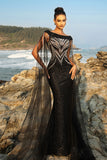 Sparkly Cape Sleeve Black Sequin Mermaid Long Formal Dress