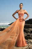 Sparkly Orange Mermaid Beaded Formal Dress with Side Cape