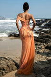 Sparkly Orange Mermaid Beaded Formal Dress with Side Cape