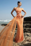 Sparkly Orange Mermaid Beaded Formal Dress with Side Cape