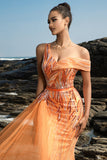 Sparkly Orange Mermaid Beaded Formal Dress with Side Cape