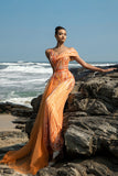 Sparkly Orange Mermaid Beaded Formal Dress with Side Cape