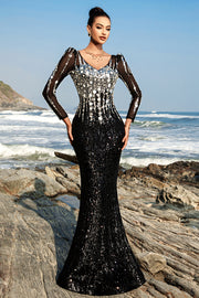 Sparkly Floral Black Mermaid Sequin Long Sleeve Formal Dress