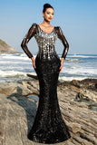 Sparkly Floral Black Mermaid Sequin Long Sleeve Formal Dress