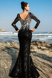 Sparkly Floral Black Mermaid Sequin Long Sleeve Formal Dress