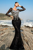 Sparkly Floral Black Mermaid Sequin Long Sleeve Formal Dress
