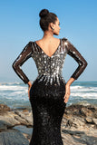 Sparkly Floral Black Mermaid Sequin Long Sleeve Formal Dress