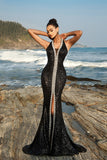 Sparkly Black Mermaid Sequin Halter Long Formal Dress with Slit